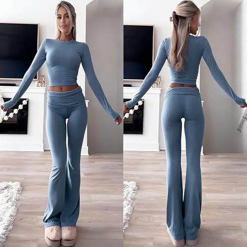 Image of YETOWA Y2K 2 Piece Outfits Tummy Control Long Sleeve Crop Top High Waisted Flare Pants Soft Knit Lounge Set