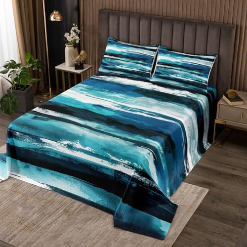 Erosebridal Gradient Queen Quilt Set Blue Grunge Coverlet Set, Watercolor Tie Dye Bedding Set Abstract Artwork Aesthetic Bedspread Set, Geometry Modern Bed Set with 2 Pillowcases Soft Girls