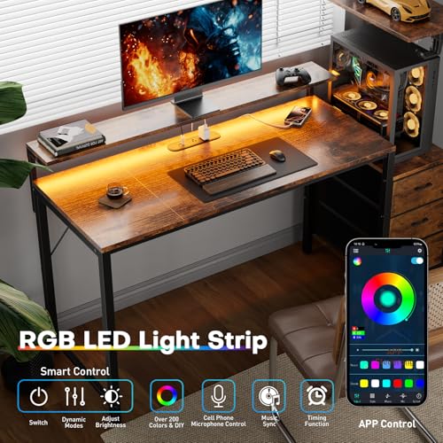 Image of HLDIRECT 44 inch Gaming Desk with 3 Fabric Drawers & Side Hooks-Reversible Home Office Computer Desk with Power Outlets & Led Lights, Gamer Desk Table with Monitor Stand, Rustic Brown