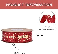 Vista 2 de Cinta de feliz cumpleaños de 1 pulgada, cintas de satén de cumpleaños rojas con estampado dorado para decoración de cumpleaños, envoltura