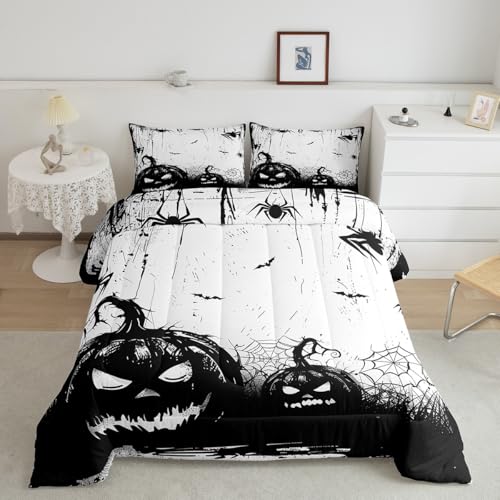 Homemissing Juego de edredón Happy Halloween para niños y niñas, edredón con temática de terror, tamaño individual, juego de ropa de cama de calabaza, decoración de dormitorio, juego de edredón negro