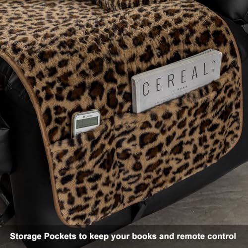 Image of STONECREST Recliner Chair Cover, Faux Fur Rabbit Slipcover, Stay in Place (Leopard, 23 inch Regular Recliner)