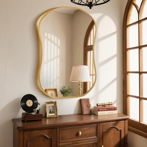 Fahomiss Irregular Wall Mirror with Metal Frame for Living Room, Hallway, Entryway, Bathroom and Dining Room (Gold, 26 * 36, Shape 1)