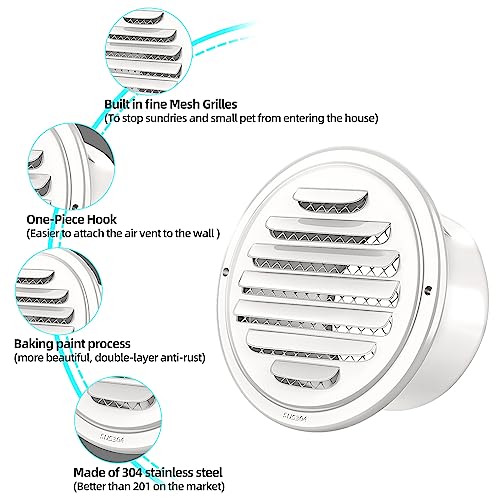 Piiyoosnn 3-INCH WHITE VENT COVER White 304 Stainless Steel Air Vents Cover, Piiyoosnn Louvered Grille Cover Vent Flat Ducting Air Vent Wall Inlet With Built-In A Fly Screen Mesh For Hvac Ventilation thumb #2