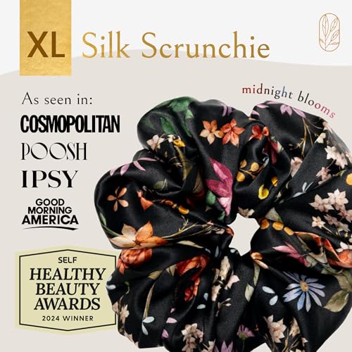 Image of Silk Scrunchies Ponytail Holders - Oversized Mulberry Silk Scrunchies - Extra Large No Damage Hair Ties for Curly, Thick, and Thin - Hair Accessories for Women - Midnight Blooms, XL By Curlfriend