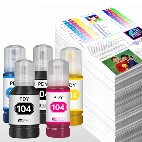 PDY 104 Tinte Kompatibel für Epson 104 EcoTank ET-2710 ET-2711 ET-2712 ET-2714 ET-2715 ET-2720 ET-2721 ET-2726 ET-2810 ET-2811 ET-2815 ET-2820 ET-2821 ET-2825 ET-2826 ET-4700 ET-4800 Drucker (5 PK)