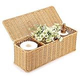 Sumnacon Wicker Storage Basket with Lid, Rectangular Narrow Baskets for Bathroom, Farmhouse Imitation Rattan Bin with Dividers, Decorative Handwoven Tray Organizer for Countertop Shelves Toilet Tank