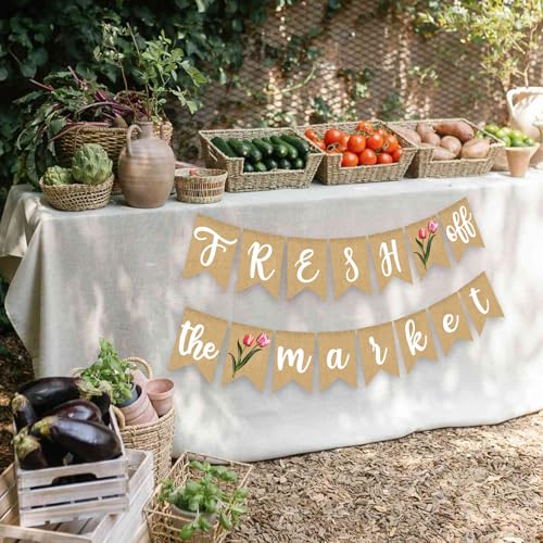 Image of Fresh Off The Market Bridal Shower Banner Farmer's Floral Bachelorette Party Supplies Tulip Burlap Garland