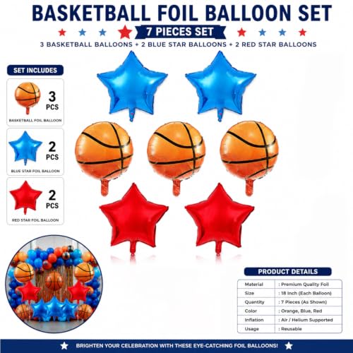Image of Rozi Decoration Sport Theme Birthday Basketball Foil Balloons Set - 5 Pcs Basketball for Kids and Adults Party Celebration | Volleyball Theme Birthday Decoration