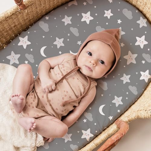 Image of Stretch Fitted Bassinet Sheet Set BROLEX 2 Pack Cradle Sheets for Bassinet Pad /Mattress,Unisex Boys Girls,Ultra Soft,Rainbow Stars