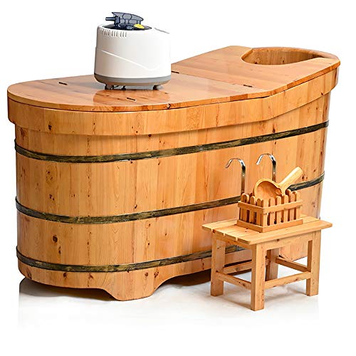 LOHOX Fumigación Barril de Madera, Bañera Sauna Barril Madera, Bañera Baño con Tapa Taburete Interior Extraíble y Diseño de Respaldo Aro de Cubo Espesor de la Hoja 2.5 CM (1-1.6M)