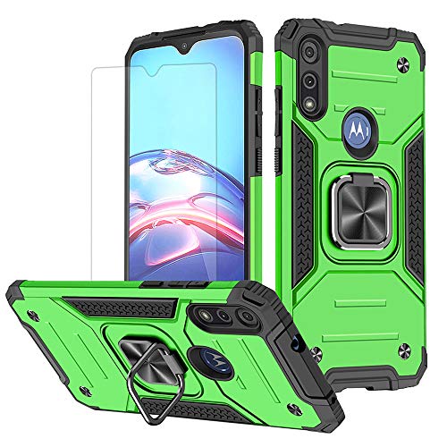 HNHYGETE for Moto E Phone Case, Motorola E Case, with HD Screen Protector, Shockproof Tough Rugged Hard Rubber Bumper with 360 Rotation Ring Kickstand Cases for Moto E 2020 (Green)