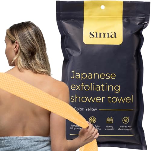 Sima Brand Exfoliating Washcloth Face & Body Scrub Towel - Japanese Exfoliating Towel with Hexagon Fibers Body Scrubber with 2 Sides for Scrubbing & Washing Extra Long Body Towels (Yellow)