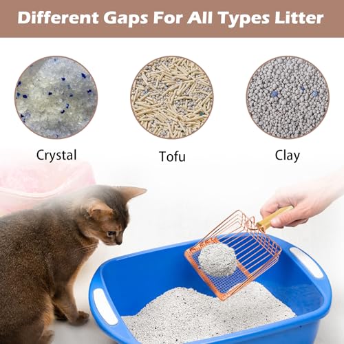 Image of Metal Kitty Litter Scoop,Fast Sifting Litter Scooper for Cats,Cat Poop Scooper with Wood Handle & Hook Rose Gold Solid Two Mesh Kitten Deep Shovel