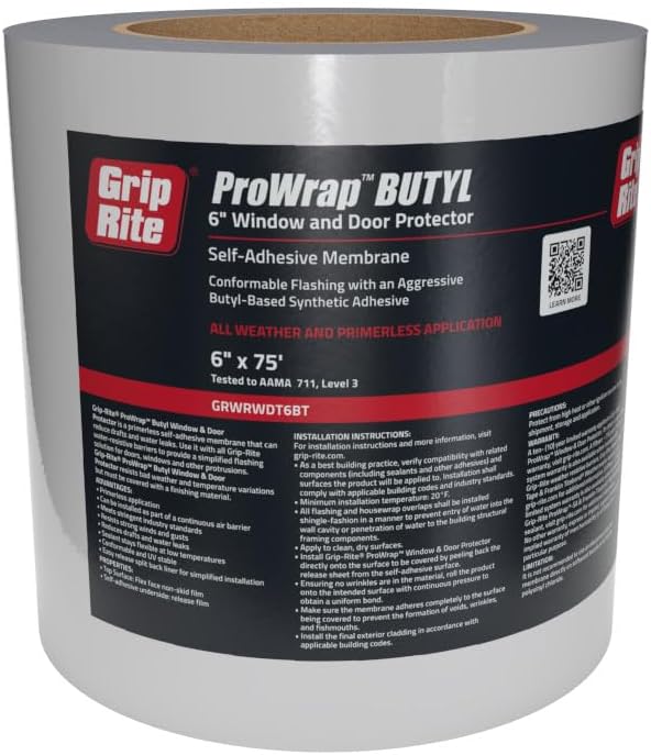 Grip-Rite GRWRWDT6BT, Butyl Window & Door Wrap, 6" x 75', 6 Count, High-Performance Seal