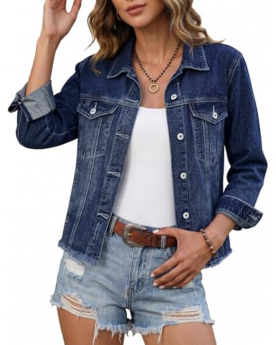 Image of luvamia Denim Jacket for Women Distressed Jean Jackets Button Up Vintage Western Trucker Jacket Frayed Hem Pockets
