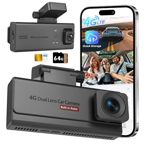 4G LTE Cellular Dash Camera for Cars 4K Full HD Dual Dash Cam Front and Rear 170 Wide Angle Anti Theft GPS Tracker Night Vision Real-time Alerts with 64GB Card 24/7 Parking Mode
