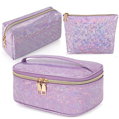 Lubardy Makeup Bag Leather Cosmetic Bag Waterproof Makeup Pouch Portable Makeup Travel Bag Multifunctional Cosmetic Organizer Bag For Women Girls, 3-Pack, Purple #TOP13