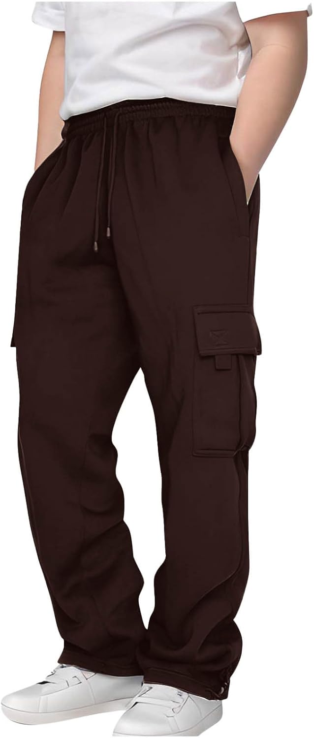 Teen Boys Cargo Pants Straight Wide Leg Drawstring Elastic Waist Casual Trousers Kids School Uniform Clothes