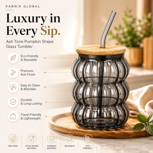 Image of Glass Tumblers with Wooden Lid and Glass Straw, 600ml, Borosilicate Glass, for Coffee, Iced Coffee, Juice and Smoothies, Coffee Mug, Sipper (Grey - Pumpkin Shape)