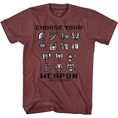 Monster Hunter Choose Your Weapon Vintage Maroon Heather Adult T-Shirt Tee Monster Hunter Choose Your Weapon Vintage Maroon Heather Adult T-Shirt Tee