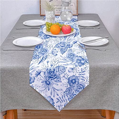 Chemin de table bleu anti-pli en coton lin pour décoration table mariage