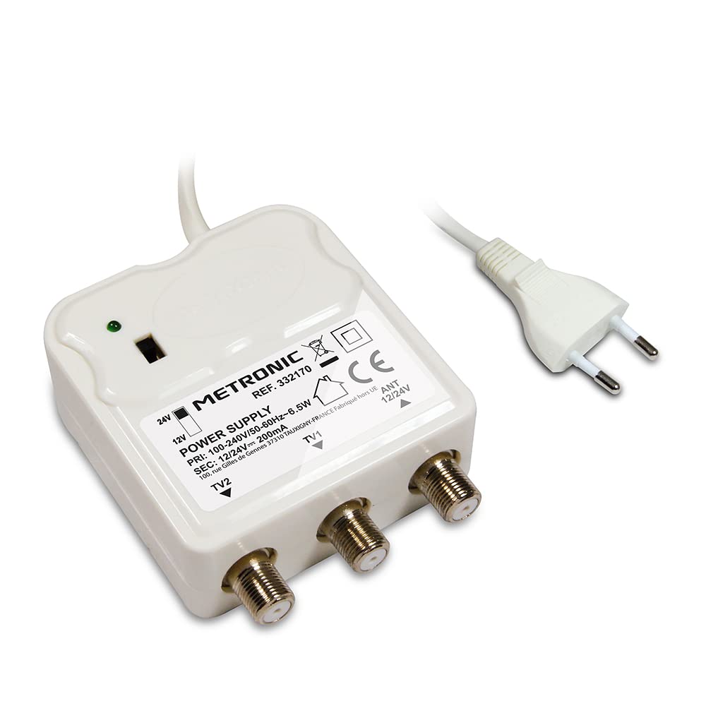 METRONIC 332170 Amplificatore per interni con regolazione del guadagno, 2 uscite TV 9,52 mm - Alimentazione 12/24 V per amplificatore TV - Alimentazione elettrica - Bianco
