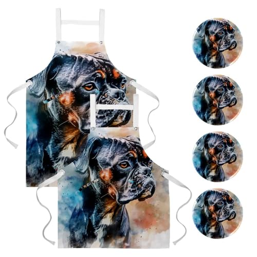 Lot de 2 tabliers de cuisine avec 4 broches motif bouledogue noir