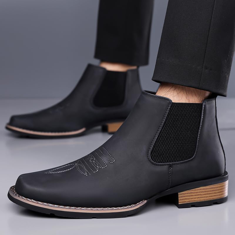 Men's Western Cowboy Chelsea Boots Classic Square Toe Cowboy Casual Work Ankle Boots Retro Stylish Slip On Casual Dress Boot - Image 2