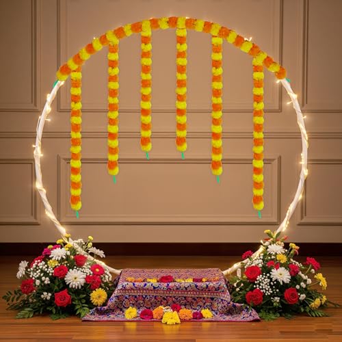Image of SpecialYou Diwali Decoration for Home with Festive Decor Backdrop PVC, 3 Marigold Garland, 3mtr Light, Decorations Stand for Backdrop for Pooja, Deepavali Decoration Items for Home- 5Pcs