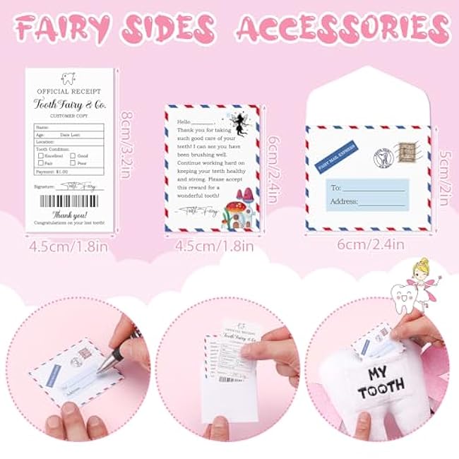 Tooth Fairy Pillow Kit Includes Toothfairy Pillow with Pocket Fairy Glitter Receipt Envelope Card, Toothfairy Plush Keepsake Gift for Kids Boys Girls Souvenir (Cute Style)