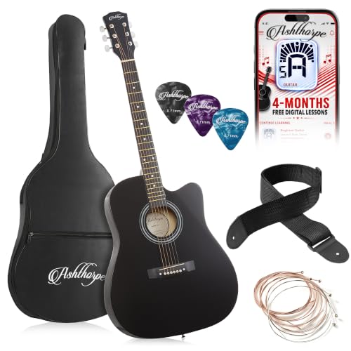 Ashthorpe 41-inch Beginner Cutaway Acoustic Guitar (Black), Full Size Basic Starter Kit w/Gig Bag, Strings, Strap, Picks, and Lessons