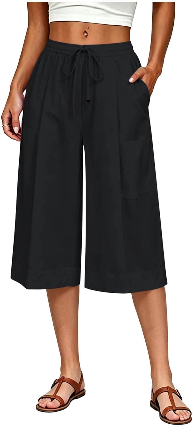 Capris Pants for Women Boho Casual Loose Drawstring Elastic Straight Wide Leg Cropped Trouser Beach Vacation Pant