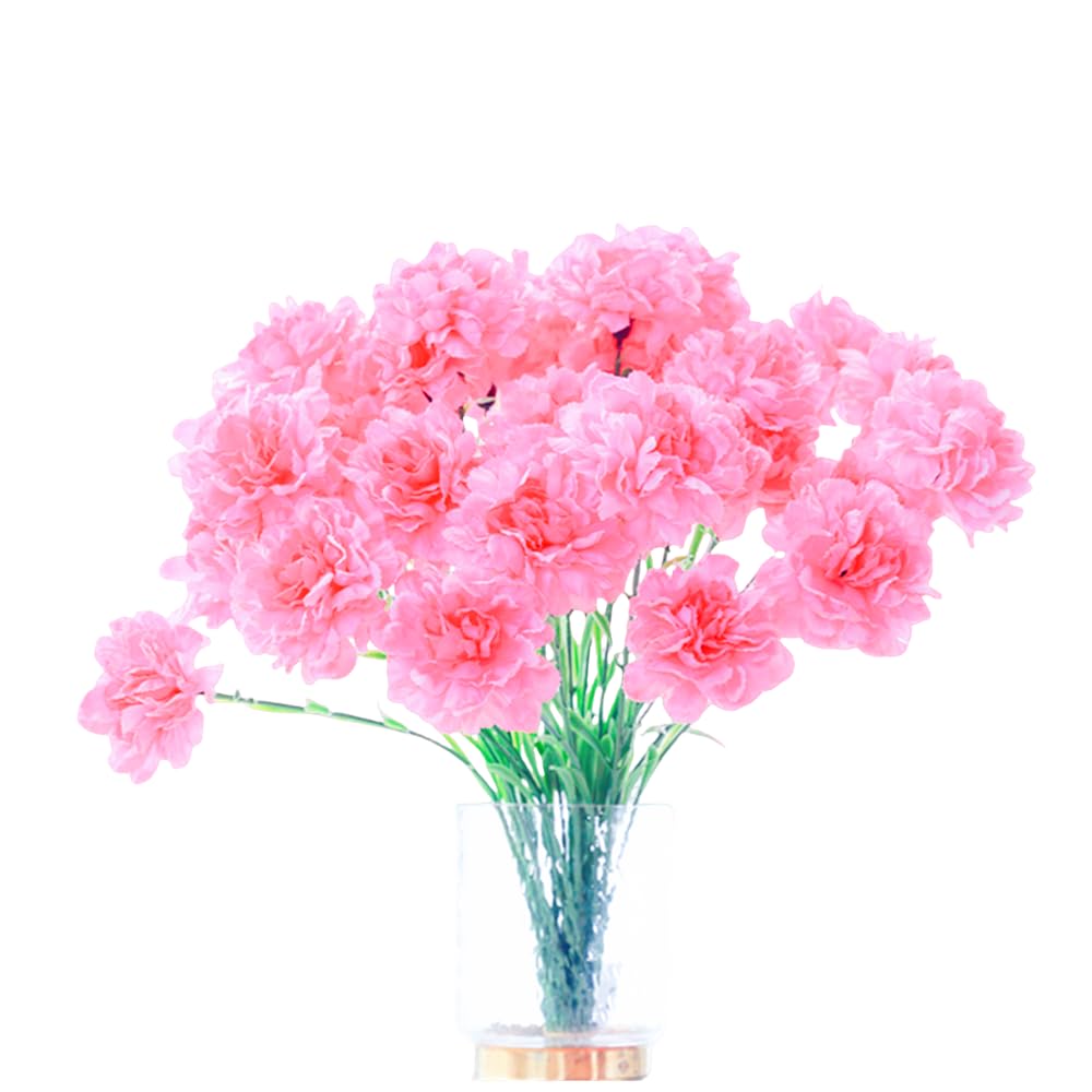 Rikyo Pink 10 Bunches Bouquet Of Artificial Silk Flower Carnations,Single Flower Head 20Inch Bouquet And Green Leaf For Home Party,Home Decoration Bridal Wedding Holding Flowers Decoration (Pink)