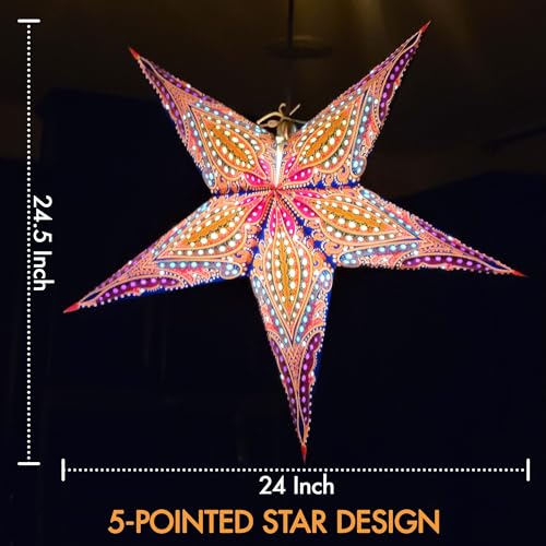 Image of GalaxyArts Paper Star Lanterns, 24 Inch Queen Blue Yellow 3D Light-Up 5-Pointed Hanging Lamp, Handcrafted Hollow Decoration for Christmas, Weddings, Holidays, Indoor Outdoor Home Decor (Medium)