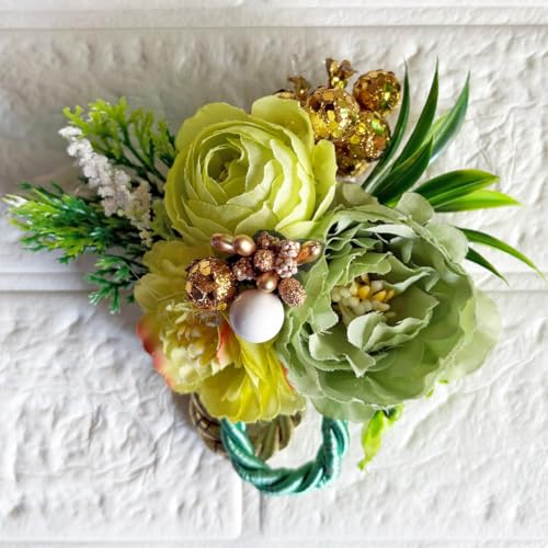 Image of ADIKALA Handmade Artificial Big Peonies 3 Flower Bunch for Trousseau Packing, Ready to use Flower Brooch Hamper for Decoration, Gift Wrapping Flowers (6, Green)