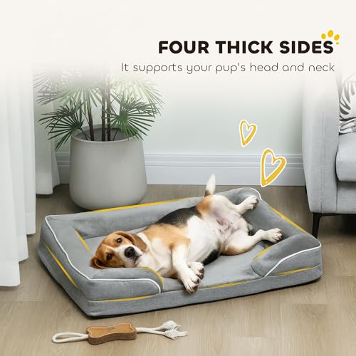 PawHut Memory Foam Dog Bed Sofa, Washable Orthopedic Dog Bed Couch with Removable Flannel Cover, 3-Sided Pet Pillow with U-Shape Bolster, Non-Slip Bottom, Grey, 91.5 x 68.5 x 16.5 cm - Image 5
