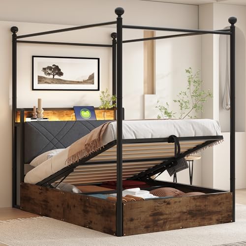 boorbin Cama individual de hierro multifuncional, con espacio de almacenamiento hidráulico elevable y dosel de hierro forjado, con postes de cama extraíbles con iluminación LED y USB/tipo C (90 x 190