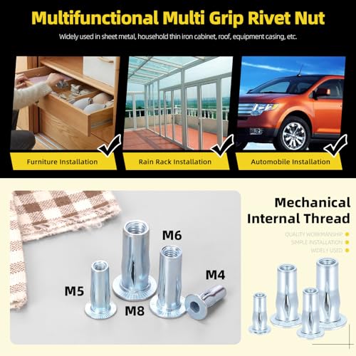 Mardatt 20 Stück M6 Multi-Grip Nietmuttern, verzinkter vorgebohrter Schaft mit flachem Kopf und Gewindeeinsatz, Nietmuttern aus Kohlenstoffstahl für Bauindustrie