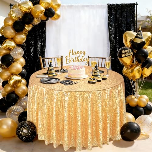 Image of B-COOL Gold Round Tablecloth Party Decorations: 132 Inch Table Cloth Large Sequin Fabric Overlay for Indoor Outdoor Dining Parties Graduation Christmas