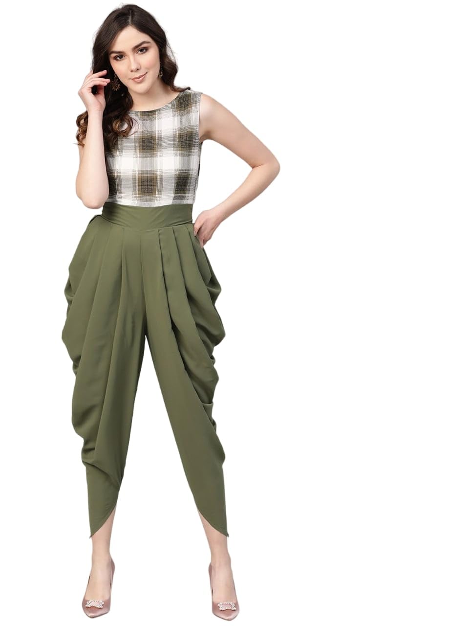 Women’s Designer Jumpsuit | Checkered Sleeveless Bodice with Olive Green Dhoti Pants | Stylish Indo Western Jumpsuit for Women Casual, Party, Cocktail, Summer & Festive Outfits