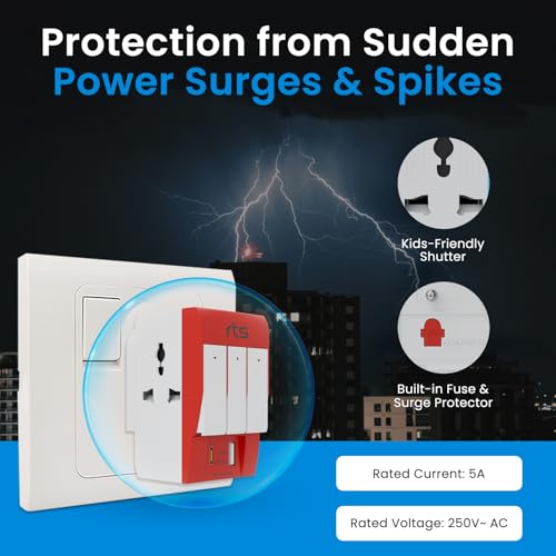 Image of rts 3 Pin 3 Way Universal Multiplug Travel Adaptor with Type C PD & USB Ports Individual Switch LED Indicator Compatible with Home /Office /Industrial Use /Laptop /Desktop /Mobile /Printer Red