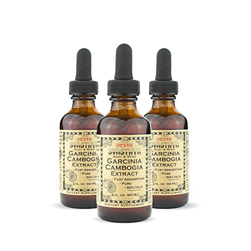 SVASTHYA BODY & MIND Pure Garcinia Cambogia Liquid Extract-Naturally Improves Mood & Helps Weight Loss, Surpress Appetite & Boost Metabolism, Made in The USA, Hydroxycitric Acid-GMP, 2 oz-3 Pk