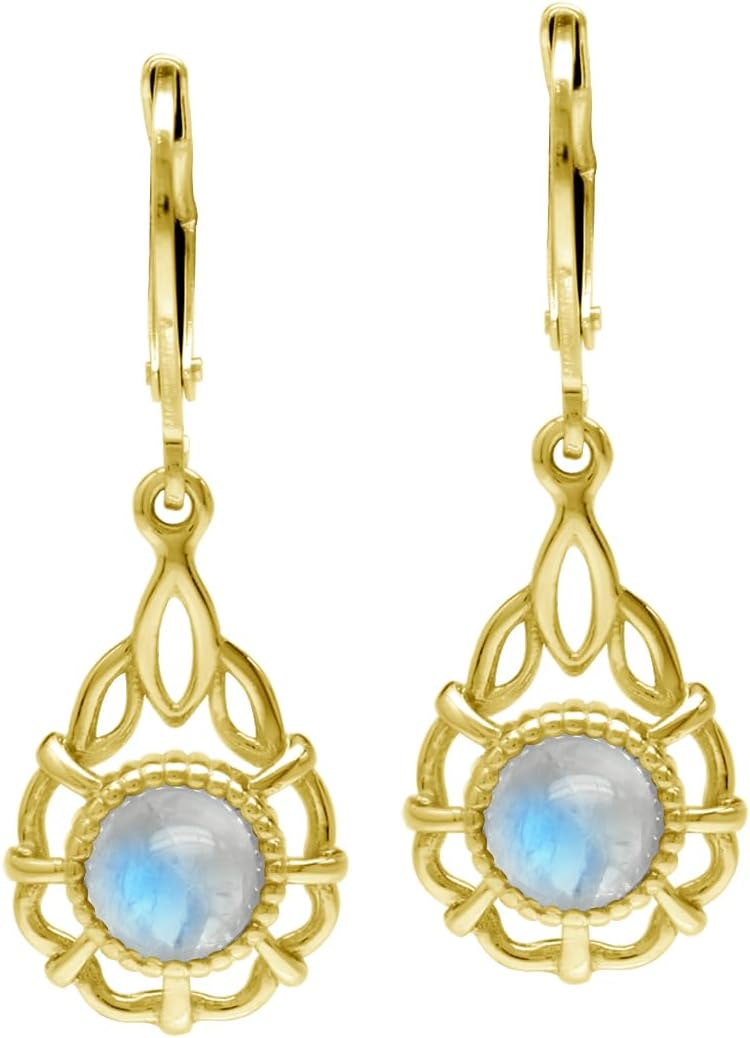 Silvershake 6MM Round Shape Cabochon Gemstone White Gold Plated or Yellow Gold Plated 925 Sterling Silver Scroll/Filigree Drop Dangle Leverback Gemstone Earrings Jewelry for Women