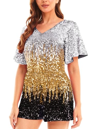 MANER Women’s Sequin Romper Sparkly Short Jumpsuit Party Concert Outfit With Flutter Sleeve (Silver/Gold/Black, XX-Large)