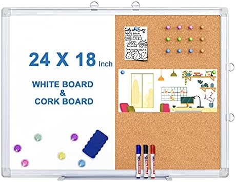 Magnetic White Board and Cork Board Combo, 24 X 18 inches Whiteboard Bulletin Combination Board, Wall Mounted Dry Erase Whiteboard Push Pin Vision Board for Home, School and Office