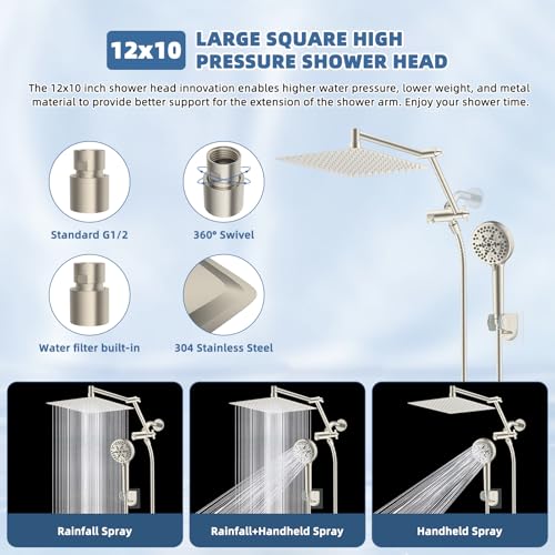 Image of 12 inch Metal Rain Shower Head with Handheld, High-Pressure Showerhead,10-Mode