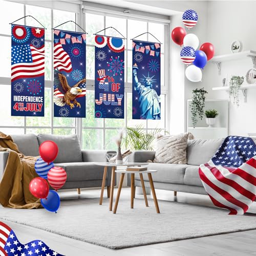 Image of Panelee 4 Pcs 4th of July Decorations Patriotic American Flag Eagle Porch Banner Independence Day Hanging Banner Porch Signs for Independence Memorial Veterans Day Wall Indoor Outdoor Decor(Patriotic)