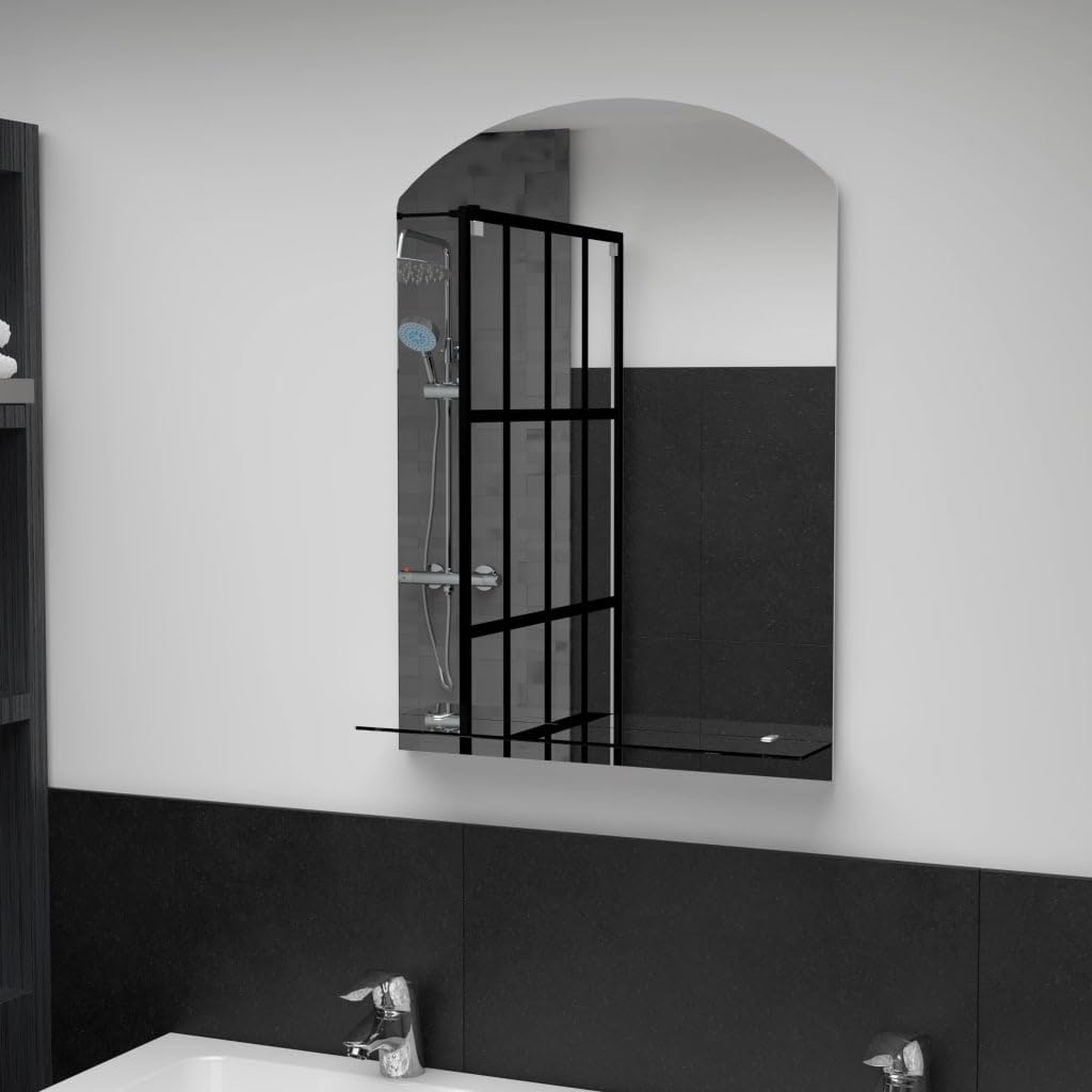 Wandspiegel mit Regal 50x70 cm aus gehärtetem Glas für Badezimmer, Wohnzimmer, Schlafzimmer mit praktischem Regal, einfache Wandmontage, ideal für Dekoration, Rasur, Frisieren und Kosmetik
