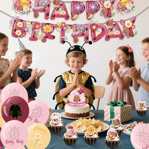 Image of LadyBug Birthday Decoration Set, Cute Cartoon Insect Happy Birthday Banner, Party Supplies with Banner, Hanging Swirl, Balloon, Cake Topper, Cupcake Topper
